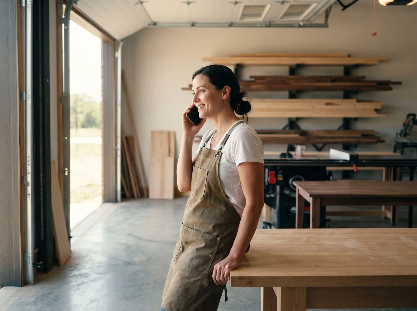 The owner of a small woodworking shop smiles on a phone call, leaning on her workbench by an open roll-up door.