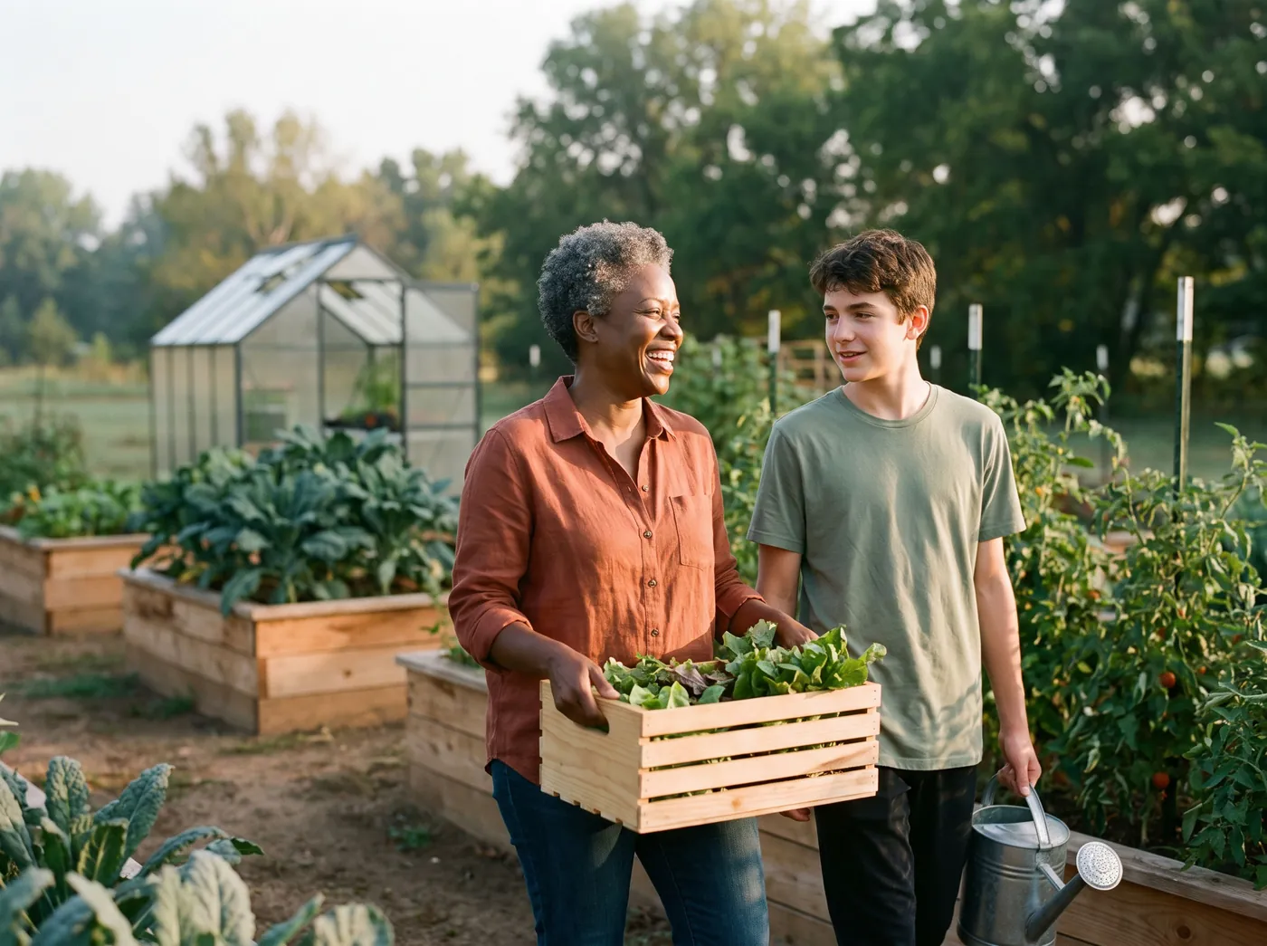 A nonprofit program director laughs with a teenage volunteer while carrying a crate of greens through a community garden.