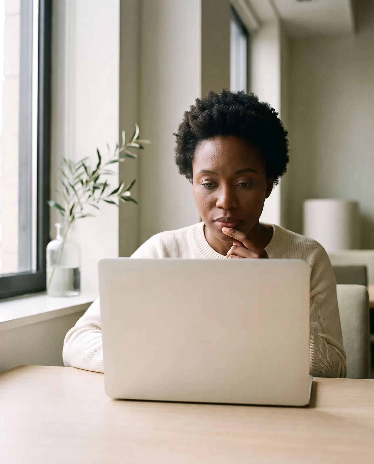 A bookkeeper reads her laptop screen with careful concentration, one fingertip at her lip.
