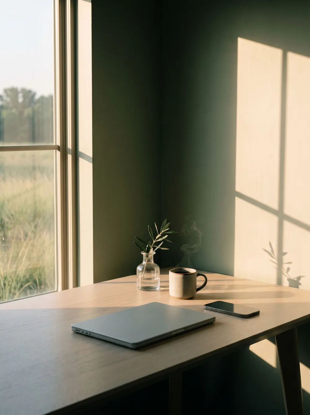 Sunrise light across a tidy oak desk with a closed laptop, a mug of coffee and an olive branch.